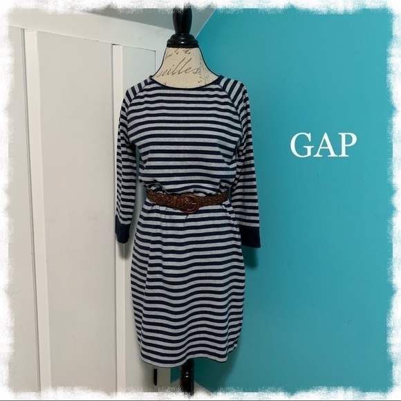 GAP 3/4 Sleeve Gray/Navy Striped Shift Dress - Picture 4 of 5